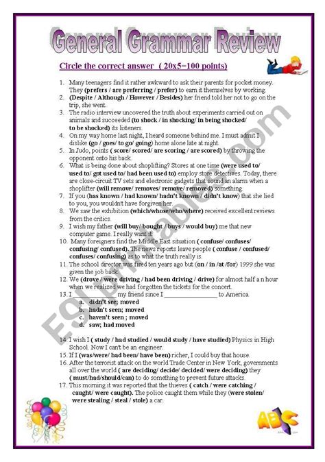 General Grammar Review Esl Worksheet By Pirchy