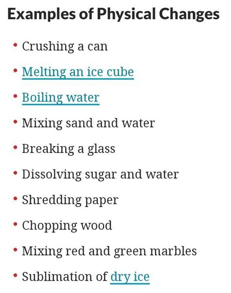 The size, shape, state, or color of matter may change. 20 examples of physical change - Brainly.in