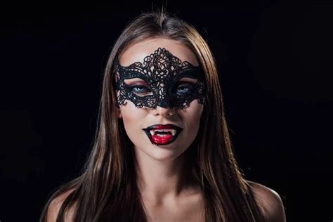 Naked Scary Vampire Girl Masquerade Mask Showing Fangs Isolated Black