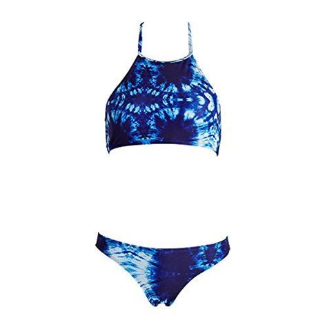 women s blue high neck bathing suit cute girl swimwear classic strappy push up printing bikini