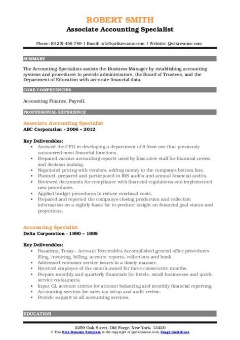 Accounting Specialist Resume Samples Qwikresume