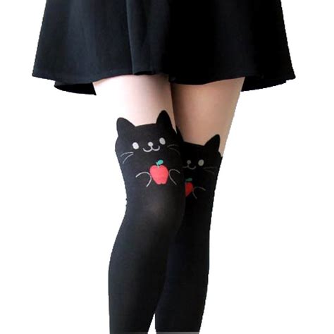 Adorable Kitty Cat Holding An Apple Mock Thigh High Pantyhose Tights