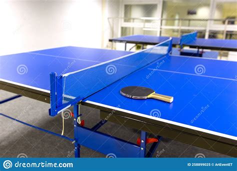 Two Blue Ping Pong Tables In Room Stock Image Image Of Indoors