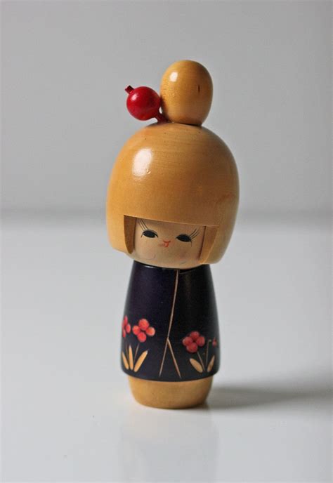 Vintage Wooden Kokeshi Doll With Black Robe And Red Flowers
