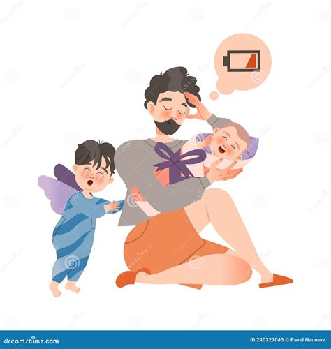 Tired Father With Crying Baby Vector Illustration