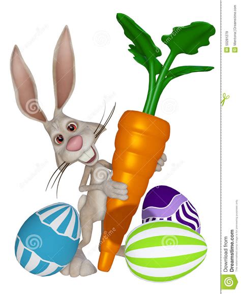 Cartoon Easter Bunny With Easter Eggs And A Carrot Stock Illustration