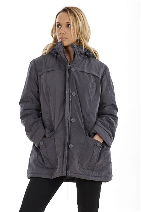 Ladies Lined Winter Coat Womens Outerwear Grey Zip Parka Hooded Plus