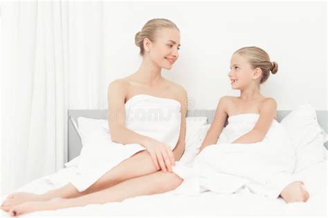 Mother And Daughter Had A Day Of Spa They Have Fun In White Bath Towels Stock Image Image Of