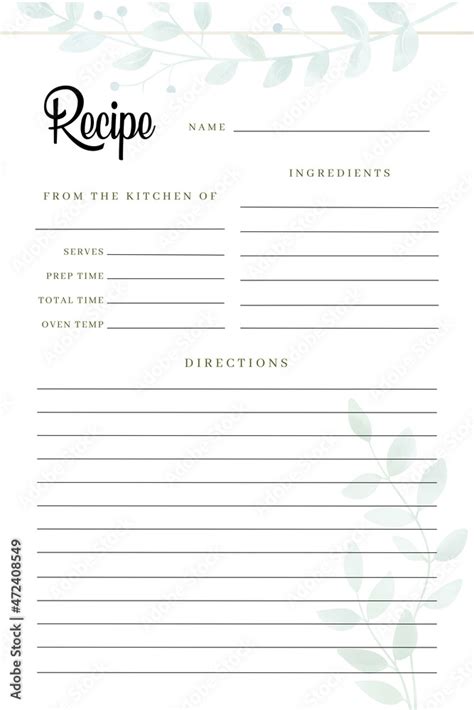 Blank Recipe Book Printable Template Blank Pages Sheet Organizer