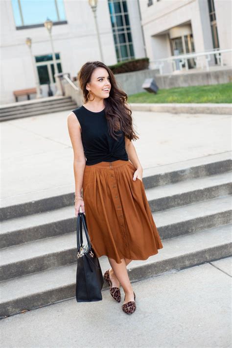 Warm Weather Fall Outfit Rust Colored Midi Skirt Leopard Flats