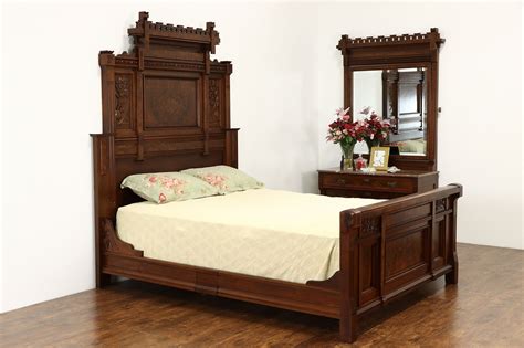 Victorian Eastlake Antique Walnut 2 Pc Bedroom Set Queen Size Bed