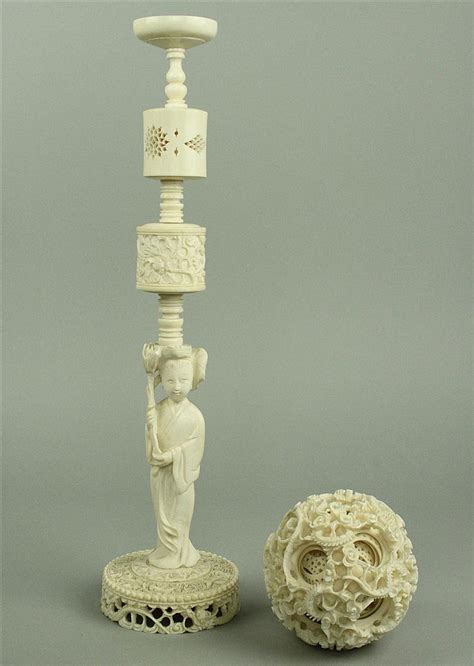 Lot A Chinese Ivory Puzzle Ball On Stand With Figure Of A Maiden 1830