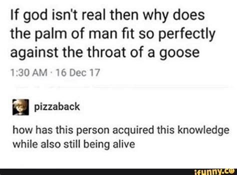 if god isn t real then why does the palm of man ﬁt so perfectly against the throat of a goose 1