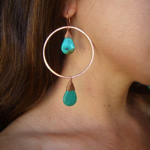 Large Hoop Dangle Earrings Turquoise Earrings Hammered Etsy