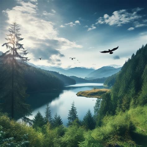 Premium Photo Mountain Lake And Flying Birds