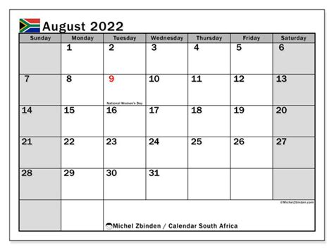 Calendar “south Africa Ss” Printing August 2022 Michel Zbinden En