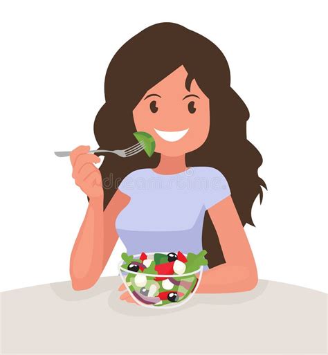 La Mujer Feliz Está Comiendo Una Ensalada Vegetariano El Concepto De
