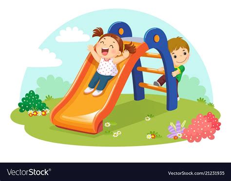 Vector Illustration Of Cute Kids Having Fun On Slide In Playground
