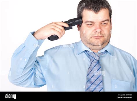 Suicide Concept Man Pointing A Gun At His Head White Background