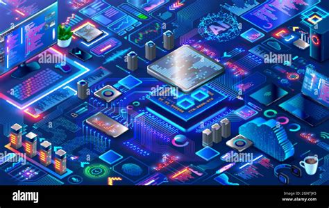 Hardware And Software Computer Technology Background Isometric