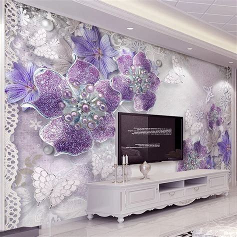 European Style Purple Flower Jewelry 3d Photo Mural Wallpaper Living