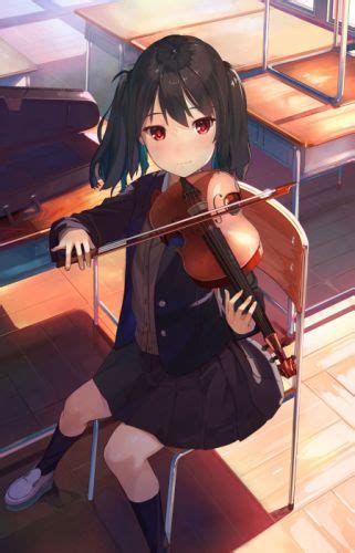 Anime Girl Cute Beautiful Long Hair School Uniform Violin Music