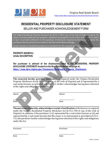 Virginia Residential Real Estate Sales Disclosure Statement Virginia Residential Property