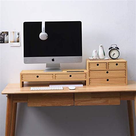 Kirigen Wood Monitor Stand With Drawers Computer Arm Riser Desk