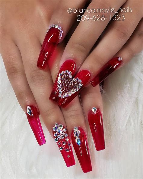 33 bold ideas for red coffin nails with diamonds nail designs daily