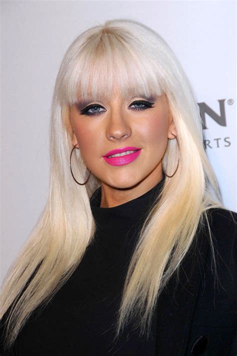 Christina Aguilera Straight Platinum Blonde Blunt Bangs Hairstyle Steal Her Style