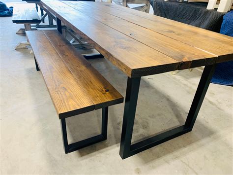 Industrial Farmhouse Table With Bench Rustic Steel Black Legs