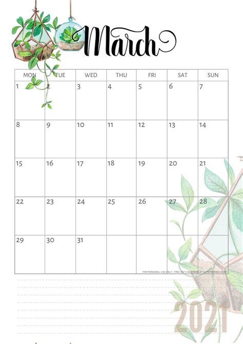2021 yearly printable calendars in microsoft word, excel and pdf. march-2021-calendar-plants - Cute Freebies For You