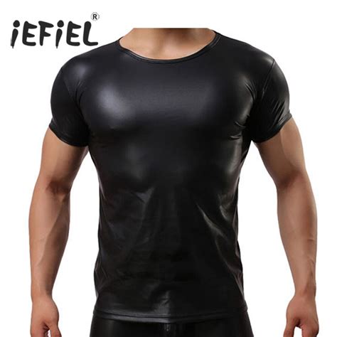 Iefiel Cool Sexy Tops For Mens Faux Leather Short Sleeve T Shirts Tops