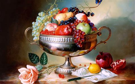 Art paintings still life fruit apples berry grapes wallpaper