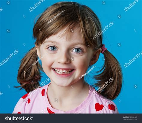 Happy Little Girl Portrait Blue Background Stock Photo