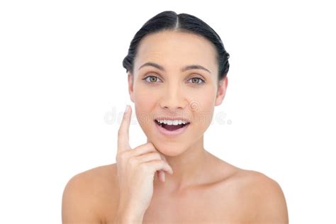 Astonished Nude Brunette Posing Finger On Her Cheek Stock Image Image