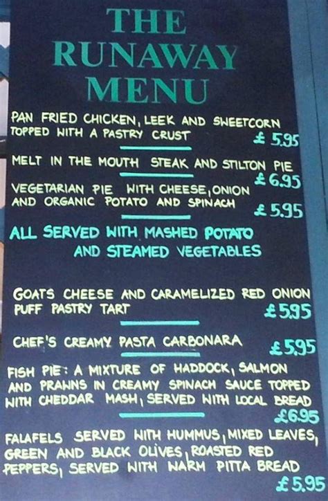 Menu At The Runaway Cafe Lewes