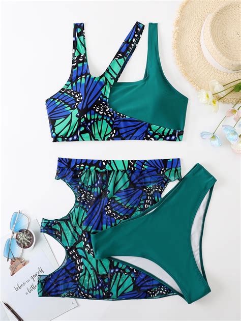 3pack Plus Butterfly Print Cut Out Bikini Swimsuit And Beach Skirt