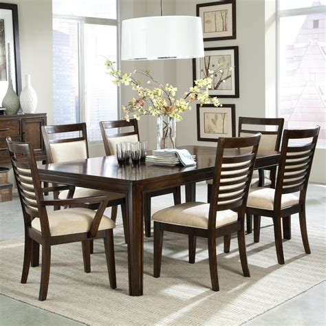 7 piece dining table set and upholstered chairs with ladder back wood detailing by standard