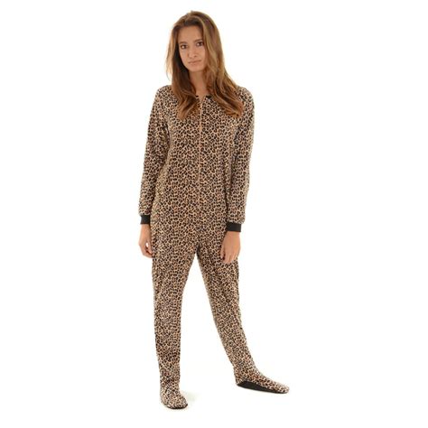 Int Intimate Womens Leopard Print Footed Pajamas Micro Fleece Zip Up Onesie Footie Pajamas