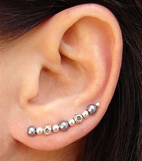 Ear Pins Blue Gunmetal Silvery Glass Pearl And Silver 1 14 Inch Long