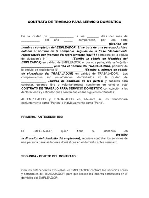 Contrato De Trabajo Para Servicio Domestico Derecho Laboral Salario