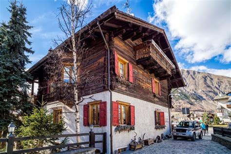 Traditional Alpine Wooden House In The Village Livigno Italy Alps