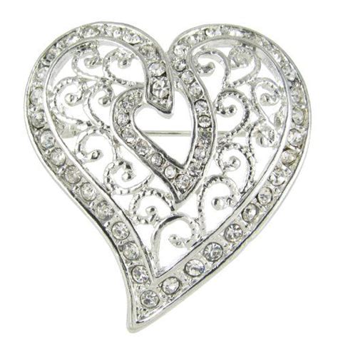 Arabesque Love Swirls Silver Heart Rhinestone Brooch Pin With Clear