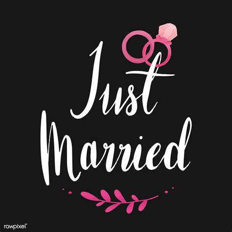 The Words Just Married Written In White Ink On A Black Background With Pink Flowers And Leaves