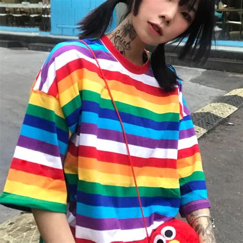 2018 summer womens t shirts korean ulzzang harajuku clothing rainbow striped short sleeve t