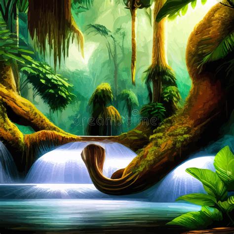 Jungle Waterfall Vector Illustration Fantasy Mystical Fauna Stock