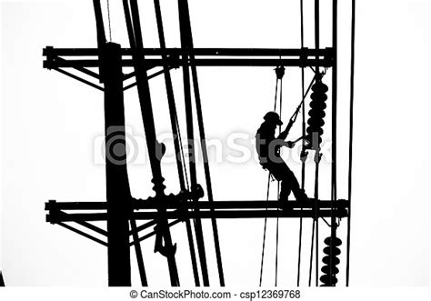 Stock Image Of Silhouette Electrician Working On Electricity Post