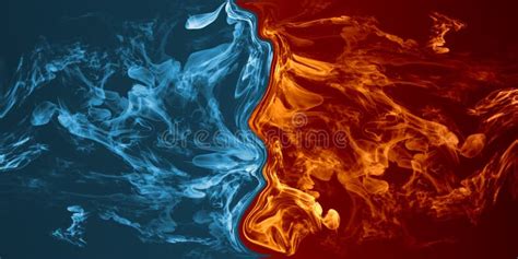 Fire And Ice Abstract Background Red And Blue Smoke Swirl On Dark