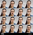 Multiple portraits of the same woman making diferent expressions Stock ...